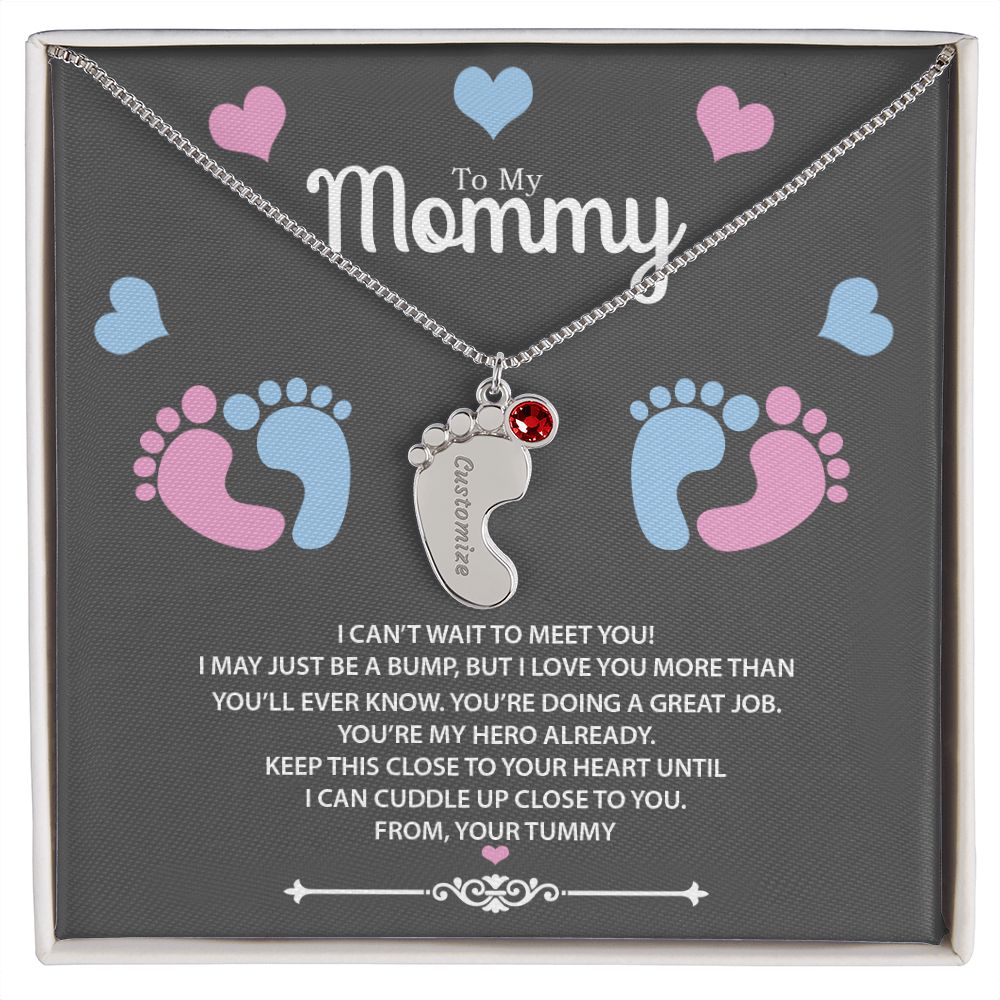 Mom To Be Custom Baby Feet Necklace With Birthstone To My Mommy I May Just Be A Bump Little Baby Feet Gift For Expecting Mother